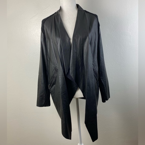 Melissa McCarthy Seven 7 Black Faux Leather Ribbed Knit Cardigan Sweater Small - Picture 1 of 16